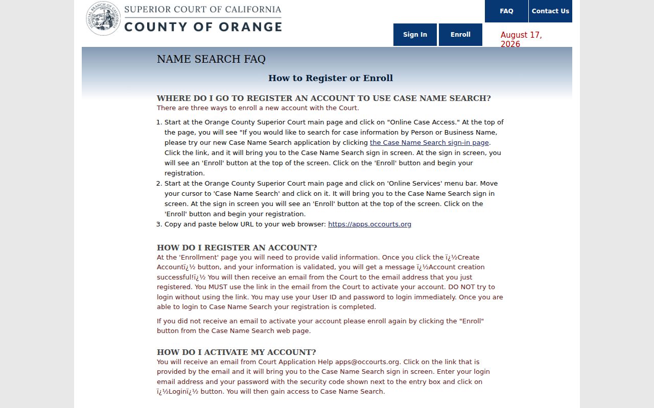 Newport Beach resident lookup Orange County court name search FAQ
