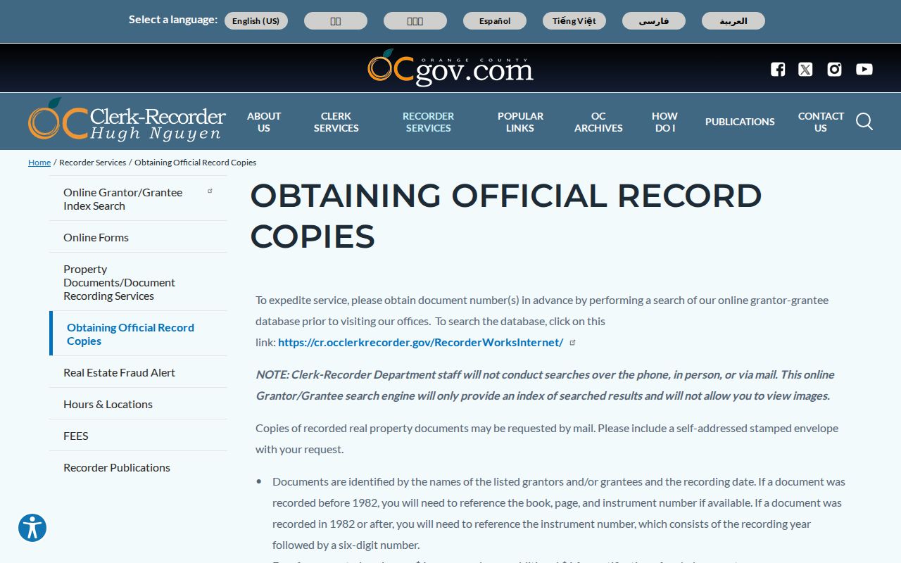Newport Beach street directory Orange County recorded document copy instructions