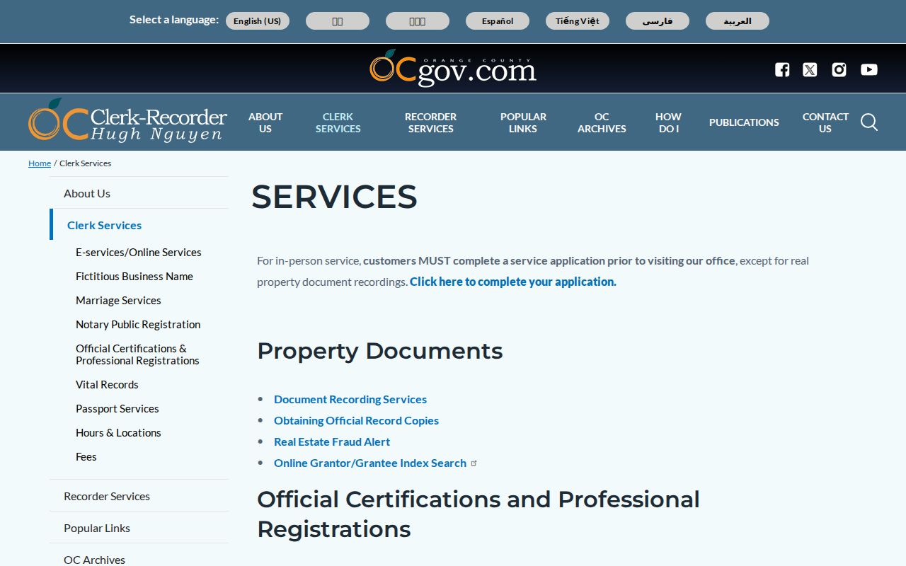 Newport Beach street directory Orange County Clerk-Recorder services